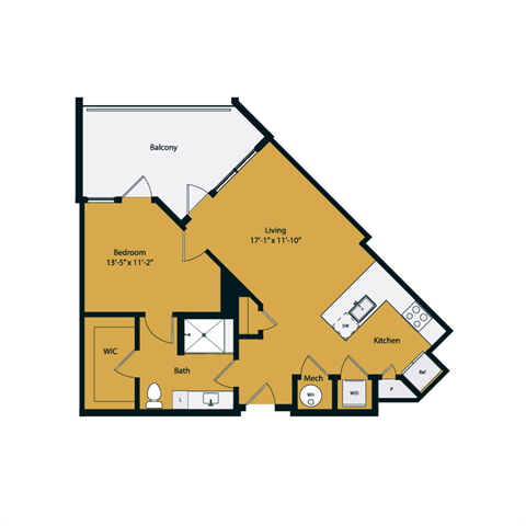 Floor plan for 1 bed, 1 bath, 738 sqft